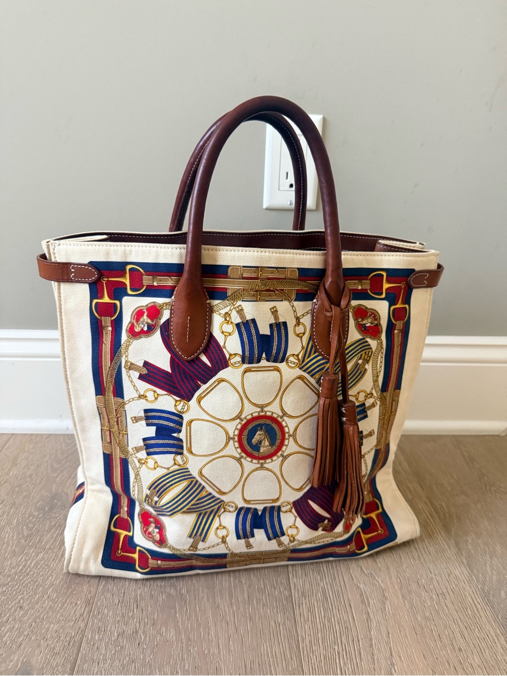 Ralphs LaureCream Canvas Tote with Brown Leather Trim and Decorative Scarf Print